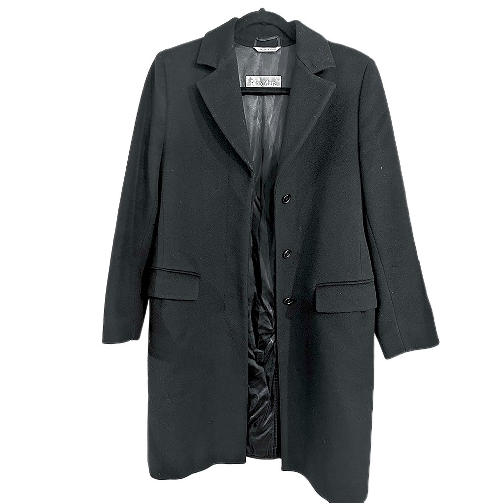 100% wool lined Max Mara black overcoat.